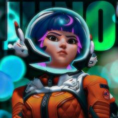 a young woman in an orange space suit holding a pen and pointing to the side