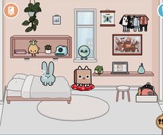 a cartoon bedroom with pink walls and white flooring, including an animal head on the bed