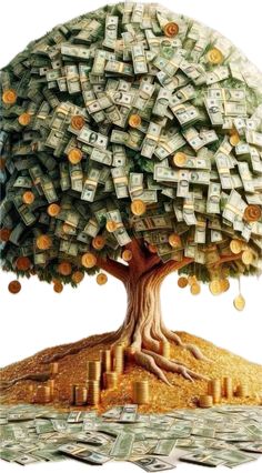 a money tree with stacks of gold coins growing out of it