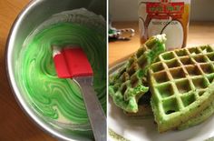 two pictures side by side one has green icing and the other has waffles