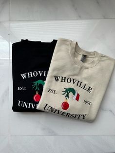 Christmas Sweatshirt, Christmas Whoville University Embroidered Sweatshirt, Christmas Embroidery Sweatshirt, Christmas Crewneck 90% cotton, 10% polyester * Unisex Hoodies fits men & women great. * All sizes are available in the following (S, M, L, XL, 2X, 3X) If needed larger or smaller please send us a quick email to get it in stock for you. * Your custom Artwork/LOGO is digitally digitized and embroidered with best in class embroidery machines. * THE PERFECT GIFT: Many of our designs make thes Holiday Embroidered Tops For Fall, Holiday Cotton Top With Embroidery, White Tops With Embroidered Logo For Christmas, Holiday Cotton Embroidered Tops, White Top With Embroidered Logo For Christmas, Holiday Embroidered Cotton Top, White Tops With Custom Embroidery For Christmas, Christmas White Embroidered Tops, Christmas Cotton Top With Embroidered Text