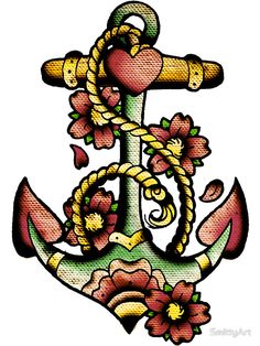 an anchor with flowers on the side and rope attached to it's end is shown