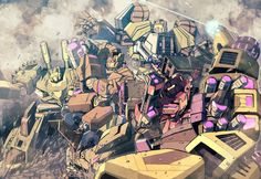 an animated image of a giant robot with many smaller robots around it's head