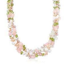 4-5mm Multicolored Cultured Pearl and Multi-Gemstone Torsade Necklace with Sterling Silver. 19" Peridot Color, Gemstone Drop Earrings, Peridot Stone, Gold Bead Necklace, Rose Pendant, Rose Quartz Ring, Rose Quartz Beads, Pearl Gemstone, Freshwater Cultured Pearls