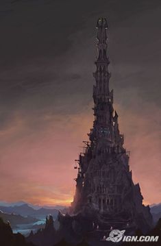 a very tall building sitting in the middle of a mountain at sunset with scaffolding on it's sides