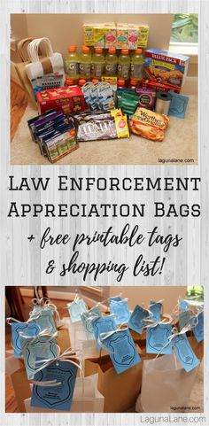 law enforcement appreciation bags with free printable tags and shopping list on them for the law enforcement appreciation bag contest