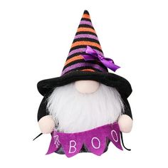 a stuffed toy with a purple and black hat on it's head that says boo