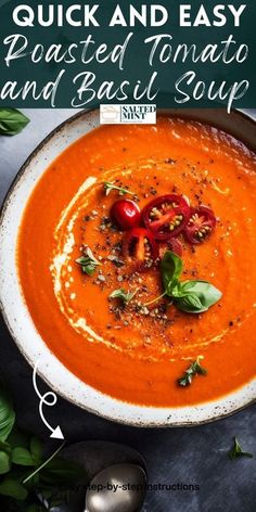 a white bowl filled with tomato and basil soup