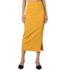 TheMogan Women's S~3X Side Slit Ponte Knit High Waist Mid Calf Long Pencil Skirt An indispensable high rise skirt features a straight cut in an elegant mid-calf length with a side slit for ease of movement. Ideal for travel, the comfy, office, casual, weekend, evening, wedding guest, all occasions and all seasons. Wear with tee and flats for casual, blouse and heels for dress up. Color: Yellow.  Gender: female.  Age Group: adult. Long Pencil Skirt, Midi Skirt With Pockets, Michael Costello, High Rise Skirt, Skirt Denim, Long Maxi Skirts, Denim Skirts, Mid Length Skirts, Vintage Skirt