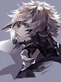 an anime character with blonde hair and horns on his head, looking to the side