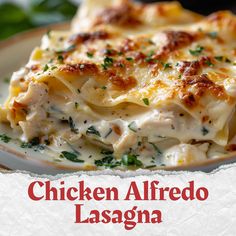 chicken alfredo lasagna on a plate with parmesan cheese and fresh herbs