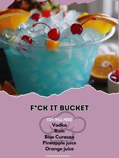 a blue curacco cocktail with orange slices and cherries on the rim is featured in this ad