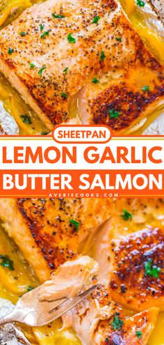 lemon garlic butter salmon on foil with the title overlay