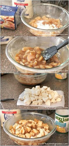 the steps to make an apple pie with almonds and marshmallows in glass bowls