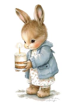 a painting of a little bunny holding a cake with a candle in it's mouth