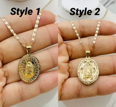 10k gold necklace and pendant Virgin Mary  ❤️ Virgin Mary 22mm long    ❤️ Pendant and necklace yellow, white and rose gold and necklace multi-tone gold ❤️ Necklace in 2.5 min width and available in 18" or 20" long  Available in 2 pendant styles  Checkout my other jewelry  ❤️ Dije colgante y Cadena de oro de 10 Kilates  ❤️ Dije Virgen María en tres tonos de Oro  ❤️ Dije mide 22 milimetros ❤️ Cadena disponoble en 18 o 20 pulgadas de mujer  ❤️ Cadena mide 2.5 milímetros de ancha  Disponible en 2 estilos de dije   Necklace & pendant  18" SKU 06284 20" SKU 062944 Pendant SKU 061194 Gold Our Lady Of Guadalupe Pendant Necklace, Gold Our Lady Of Guadalupe Round Pendant Necklace, Gold Our Lady Of Guadalupe Medallion Necklace, Gold Medallion Necklace With Our Lady Of Guadalupe, Gold Medallion Necklace Of Our Lady Of Guadalupe, Gold Our Lady Of Guadalupe Necklace In 14k Gold, 14k Gold Our Lady Of Guadalupe Necklace, 14k Gold Necklace With Our Lady Of Guadalupe, Yellow Gold Oval Necklace With Our Lady Of Guadalupe