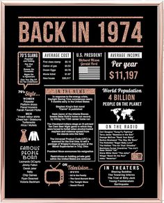 the back in 1974 poster is shown with information about its past and present dates,