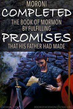 a man sitting on top of a chair next to a book cover with the words, moroni completed