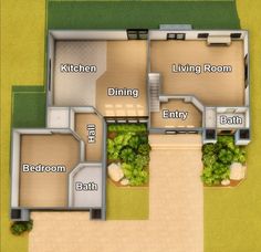 an overhead view of a floor plan with three rooms and two bathrooms in the center