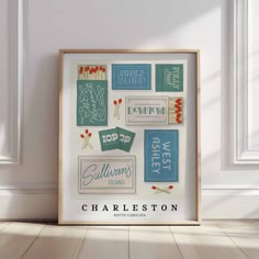 "Charleston - Beachside" - This unframed art print features 7 different neighborhoods in the Charleston, South Carolina area drawn in various lettering styles. As a unique hand drawn art print, this artwork is a great housewarming, birthday, or Christmas gift for a loved one or even for yourself! With a coastal color scheme of blue, green and beige, this art print evokes the feel of hanging by the beach. Featured neighborhoods include Mt. Pleasant, James Island, Folly Beach, Downtown, Isle of Pa Charleston Illustration, Charleston Poster, Apartment Prints, Coastal Color Scheme, Charleston Art, Charleston Style, Matchbox Art, Art Lettering, Isle Of Palms