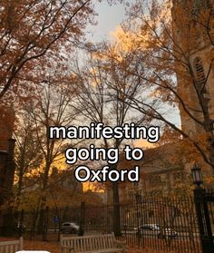 the words manfirsting going to oxford in front of trees