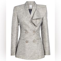 The Label's Linen-Blend Davidson Blazer Is Tailored With A Collarless Neckline That Sweeps To A Ruffled Lapel. Detailed With Hammered Gold-Tone Button Closures And Structured Shoulders. Mock Welt Waist Pockets. Fabric: 50% Polyester, 30% Linen, 20% Viscose Dry Clean Chic Tailored Blazer With Ruffles, Chic Tailored Ruffle Blazer, Ruffled Blazer For Formal Occasions, Fitted Ruffled Outerwear For Office, Chic Formal Outerwear With Ruffles, Chic Ruffled Blazer For Office, Chic Ruffled Formal Outerwear, Chic Formal Ruffled Outerwear, Fitted Structured Spring Outerwear