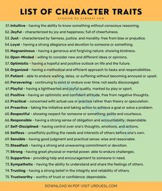 the list of character traits for children's reading and writing skills, with an orange background