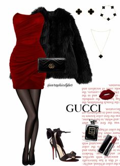 Red Dress Fur Coat, Black Fur Coat Outfit, 23 Bday, Black Coat Outfit, Dr Ideas, Fur Coat Outfit, Black Fur Coat, Dark Red Dresses, Red Strapless Dress