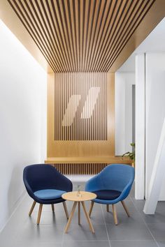 two blue chairs sitting next to each other in front of a wooden paneled wall