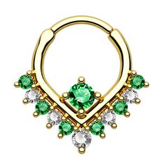 a gold nose ring with green and white stones