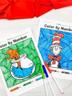 two children's coloring pages with the same cat in the hat and color by number