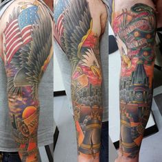 two men with tattoos on their arms, one has an eagle and the other has a flag