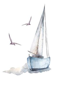 a watercolor painting of a sailboat with two birds flying above it in the sky