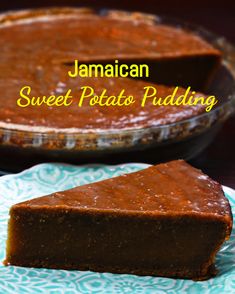 a piece of jamaican sweet potato pudding on a plate with the rest of the pie in the background