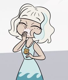 a woman in a blue dress blowing her nose while holding an ice cream cone to her mouth