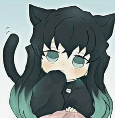 an anime character with long black hair and blue eyes holding a cat's tail