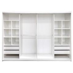 an empty white closet with several shelves and drawers on the bottom shelf, one door open