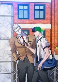 two people standing next to each other near a brick building and one person with green hair is looking at his cell phone