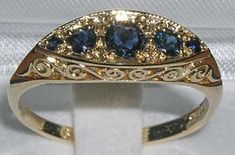 Five Natural Dark Blue Sapphire with Solid 9K Yellow Gold English Victorian Antique Style Scroll Dec 14k Gold Blue Sapphire Ring With 17 Jewels, Victorian 14k Stamped Blue Rings, Unusual Rings, Deco Ring, Victorian Jewelry, Engagement Anniversary, Anniversary Ring, Pink Tourmaline, Antique Style