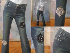 "These 1990s denim jeans have soft contouring fading on the front and back, and feature a sequin, bead, and pearl floral decoration on the front of each leg. The fitted waistline of these European vintage flared blue jeans has five belt loops, and closes in the front with a 4-inch zipper and silver button. Waist = 26 inches (66.04cm) Hips = 36 inches (91.44cm) Inseam = 33 inches (83.82cm) Outer seam = 42 inches (106.68cm) Hemline circumference = 18 inches (45.72cm) Brand label: Melrose (Germany) Vintage Flare, Vintage Clothing Online, Vintage Soft, 1960s Fashion, Flared Pants, European Vintage, Silver Buttons, Denim Flares, Vintage Summer