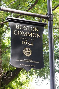 a black and gold sign hanging from the side of a metal pole in front of trees