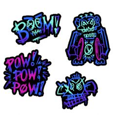 four stickers with graffiti written on them in different colors and shapes, including the word boom