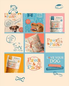 an advertisement for paws and pads with dogs on it's back side, including the logo