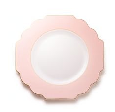 a pink and white plate with gold trim on the edge, against a white background