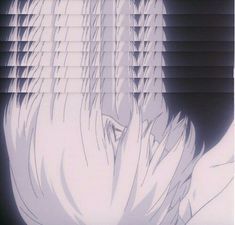 an anime character with white hair and black eyes is looking at the camera while standing in front of blinds