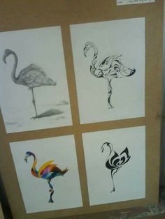 four flamingos are drawn on white paper with black and white ink, each one in different colors