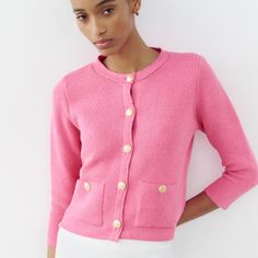 Round Neck Long Sleeve Cardigan. Front Patch Pockets. Front Gold Button Closure. Pink | 6427/054 Outer Shell 66% Cotton 34% Polyester Button Cuff Sweater For Workwear In Spring, Spring Workwear Sweater With Button Cuffs, Button Cuffs Sweater For Work In Spring, Spring Workwear Fine Knit Outerwear, Fine Knit Cardigan For Work In Spring, Pink Knit Outerwear With Button Closure, Casual Spring Sweater With Buttoned Pockets, Chic Workwear Cardigan With Buttoned Pockets, Spring Workwear Button-up Cardigan