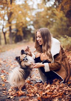 a woman petting a small dog on the side of a road in autumn leaves