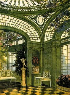 the interior of an ornately decorated room with green walls and flooring is shown