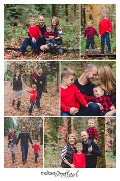 a collage of family photos taken in the woods with their two children and one adult